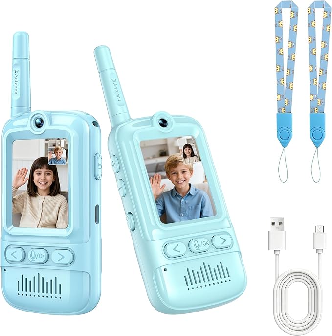 Video Walkie Talkies for Kids Rechargeable Walkie Talkies Long Range with Emoji Chat and Photo Functions Multifunctional Indoor Outdoor Toys for Kids Christmas Birthday Gifts Blue