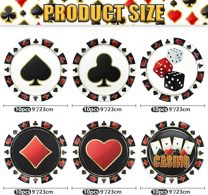 60 Pcs Casino Paper Plates, 9'' Poker Dice Print Plates for Casino Theme Party Decorations Las Vegas Party Decorations Game Night