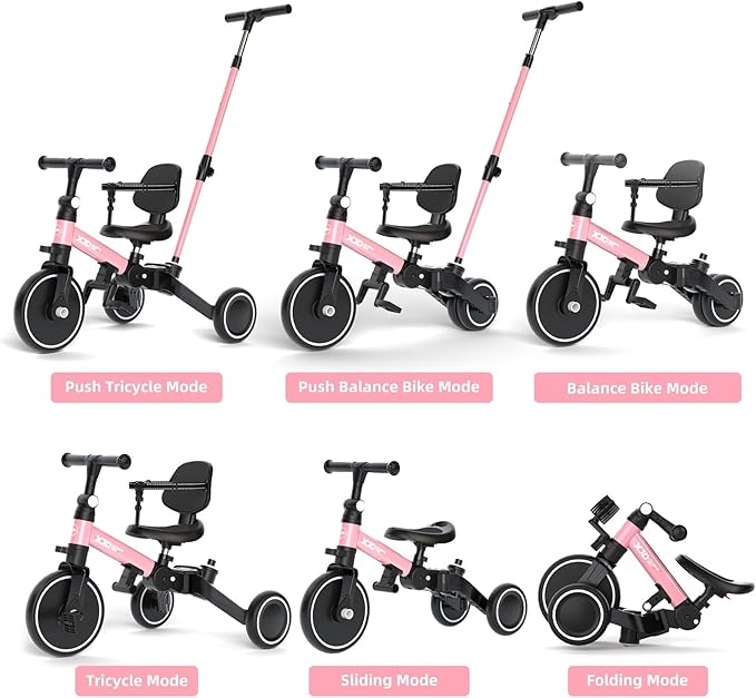 XJD Toddler Bike, 6 in 1 Folding Toddler Tricycle for 1-4 Year Old with Parental Control Handle, Balance Bike with Removable Pedal, Backrest, Adjustable Seat Height, First Birthday Gifts (Pink)