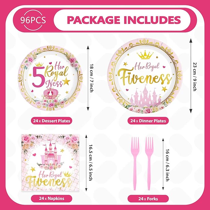 Grencian 96Pcs Princess Birthday Decorations Pink Princess 5th Birthday Party Plates and Napkins Disposable Her Royal Fiveness Paper Tableware for Girls 5 Year Old Castle Party Supplies, Serves 24
