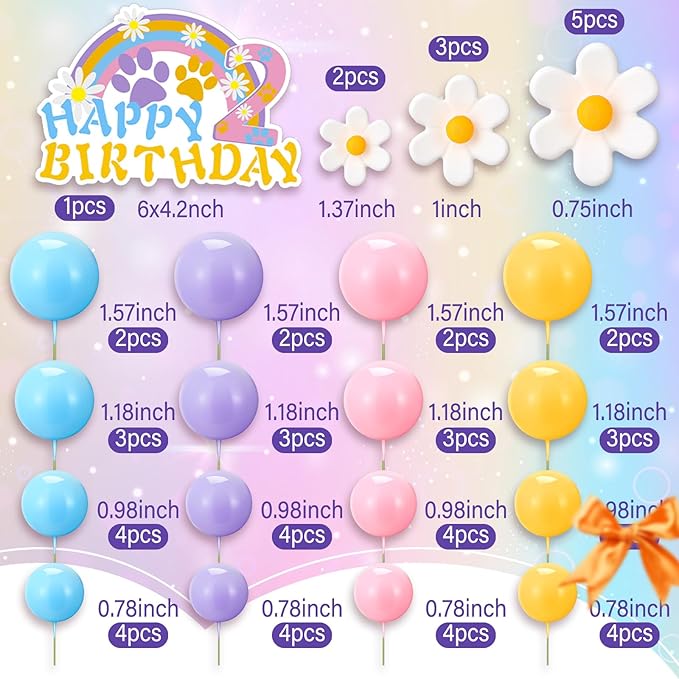 63 Pcs Blue Dog Cake Toppers with Balls Cake Picks and Daisy Flowers for Birthday Decoration Groovy Pastel Cupcake Inserts Hippie Wedding Party Supplies(Happy Birthday 2th)
