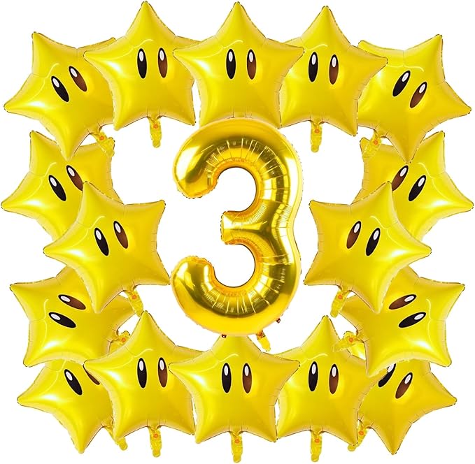 16PCS Foil Star Balloons, 40Inch Number 3 and Star Foil Balloons For Game Theme 3rd Birthday Party Decorations Children Party Supply Party Decor (3rd)