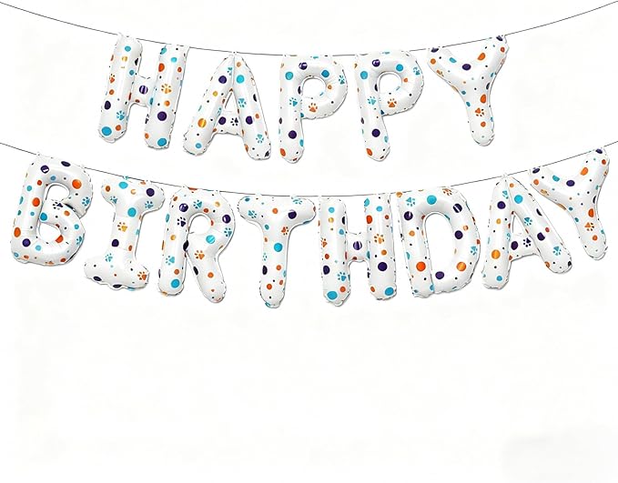 YIIHMEI Cartoon Dog Paw Print White Happy Birthday Banner Party Decorations Balloons with Blue Orange Wave Point Style Letters Signs Party Supplies for Kid's