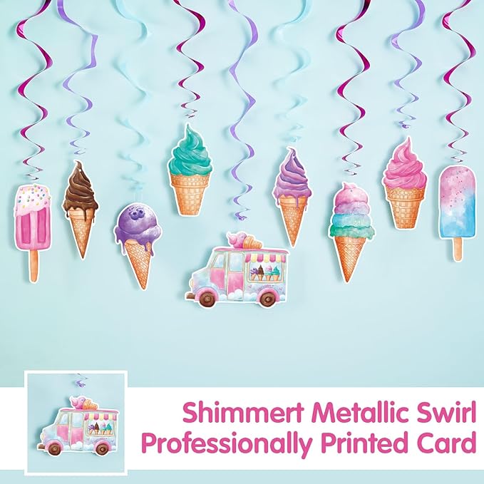 WERNNSAI 18PCS Ice Cream Hanging Swirls Party Decorations Summer Ceiling Streamers Decor Sweet Ice Cream Party Swirls Supplies for Girls Birthday Baby Shower