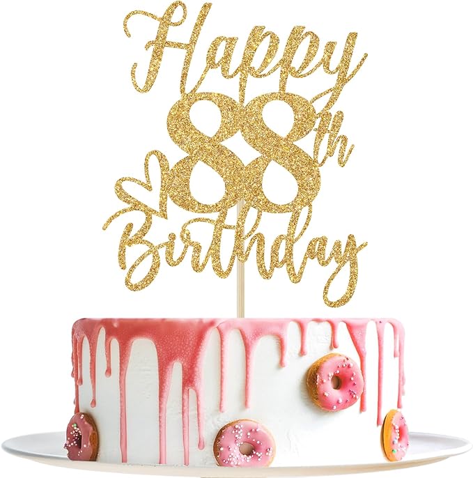 Happy 88th Birthday Cake Topper, 88th Birthday Decorations for Men/Women, Cheers to 88 Years, Hello 88, 88th Happy Birthday Party Supplies Gold Glitter