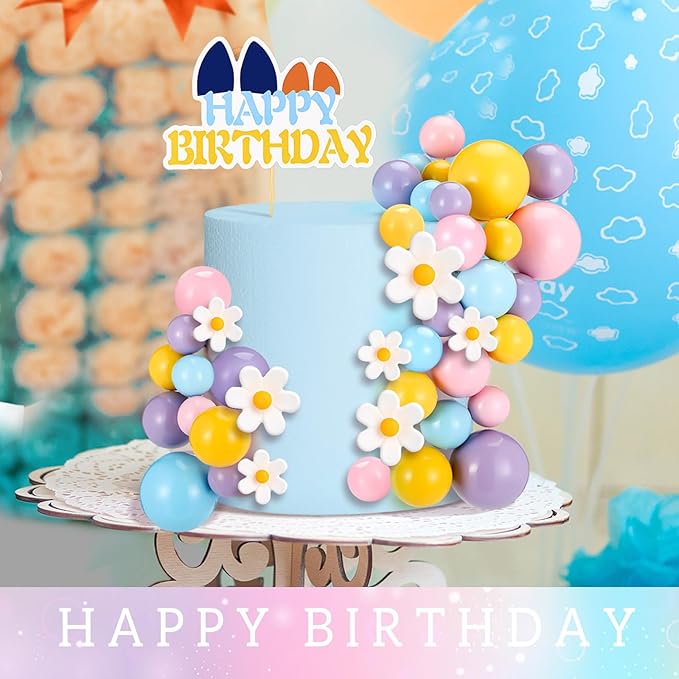 63 Pcs Blue Dog Cake Toppers with Balls Cake Picks and Daisy Flowers for Birthday Decoration Groovy Pastel Cupcake Inserts Hippie Wedding Party Supplies(Happy Birthday)