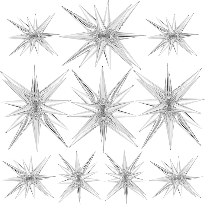10 Pcs Silver Star Balloons Explosion Balloons Foil Cone Balloon Magic for Birthday Wedding Anniversary Party Backdrops Decorations Supplies, 6 Pcs 22 Inches and 4 Pcs 27 Inches