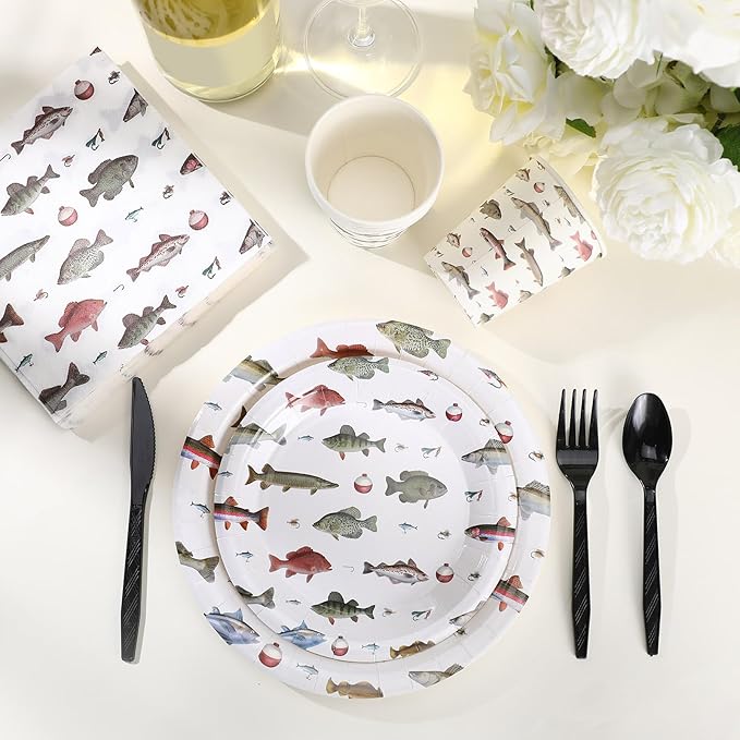 350 Pcs Fishing Party Supplies Tableware Set Disposable 9'' 7'' Paper Plates 9 oz Cups Cutlery Napkins Dinnerware Set for 1st Birthday, Serve 50 (Fishing Birthday, White, Red)