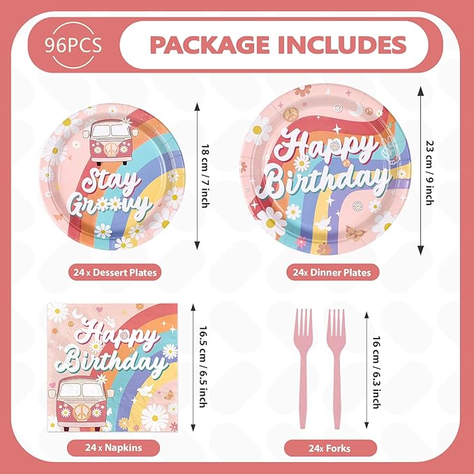 96Pcs Groovy Birthday Party Decorations Boho Groovy Birthday Plates and Napkins Tableware Set Daisy Hippie Rainbow Boho Themed Decorations for Baby Shower Gender Reveal Party Decor Supplies Serves 24