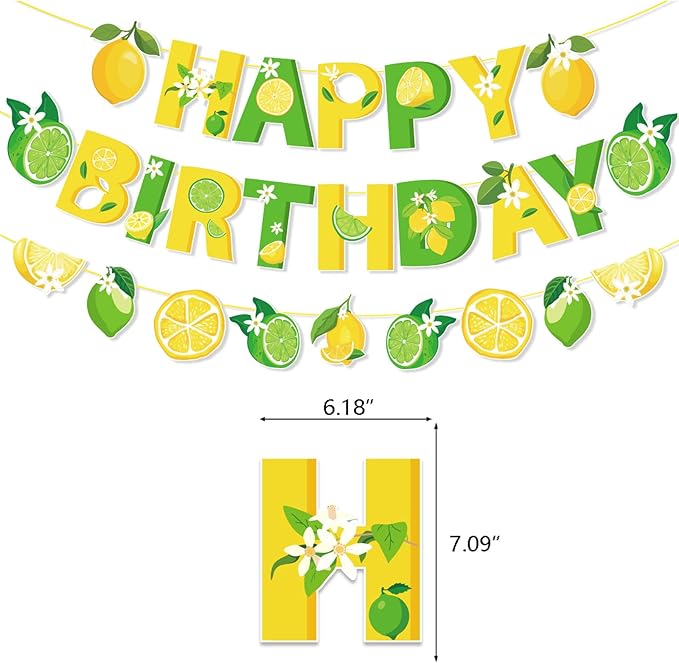 Zwiebeco Green Yellow Lemon Happy Birthday Party Decoration Banner Bunting Garland Hanging Paper for Boys Girls Women Kids Adults Summer Fruit Themed Party Decor Accessories Supplies