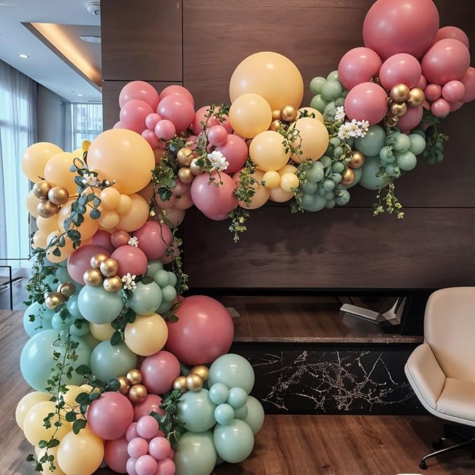 Pink and Green Balloon Arch Kit,122Pcs Sage Green Dusty Rose Red Macaron Pink Yellow Matte Balloons for Flower Birthday Bridal Wedding Engagement Baby Shower Anniversary Party Decorations