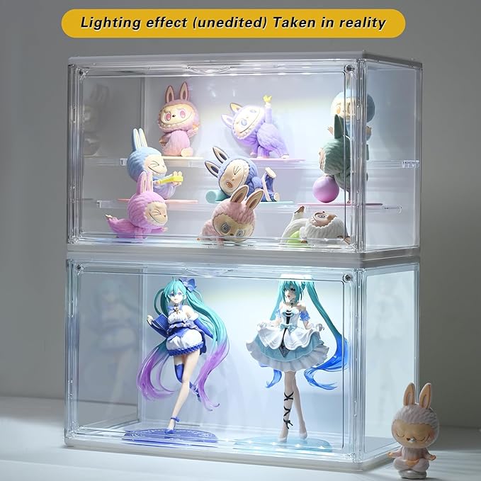 Acrylic Display Case with Lights, Clear Showcase with Detachable Shelf, Stackable Storage Bins for Collectibles, Action Figure, Popmart (L-1 Pack)