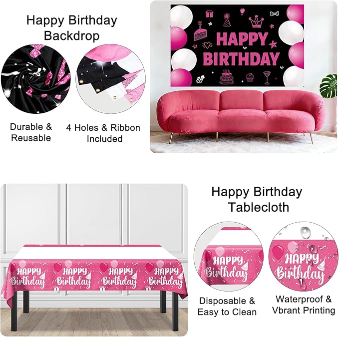 Pink and Black Birthday Decorations for Women Girls, 48Pcs Pink Party Decorations with Happy Birthday Banner Backdrop Tablecloth, Hot Pink Birthday Party Supplies with Balloons Pendants