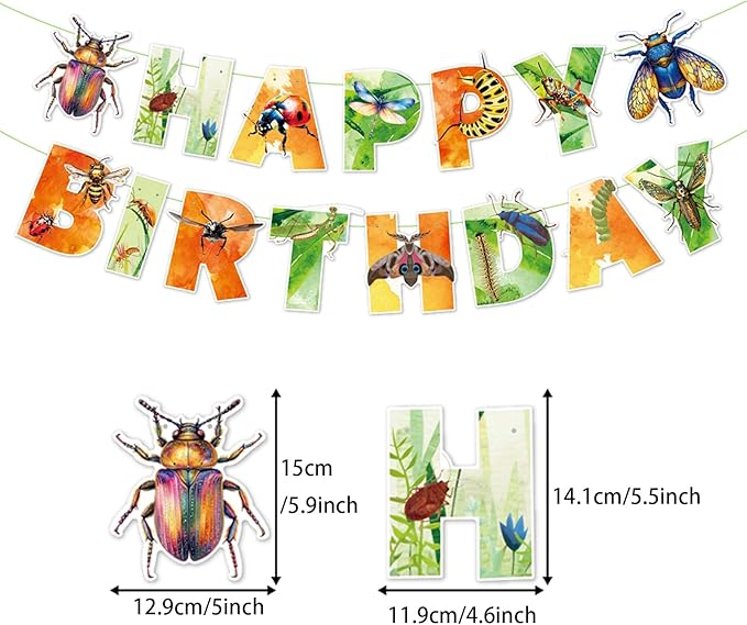 Zwiebeco Multicolored Insect Happy Birthday Banner Bunting Hanging Paper Swirls Garland Party Decorations for Boys Girls Kids Baby Shower Spring Summer Themed Bday Decor Accessories Supplies