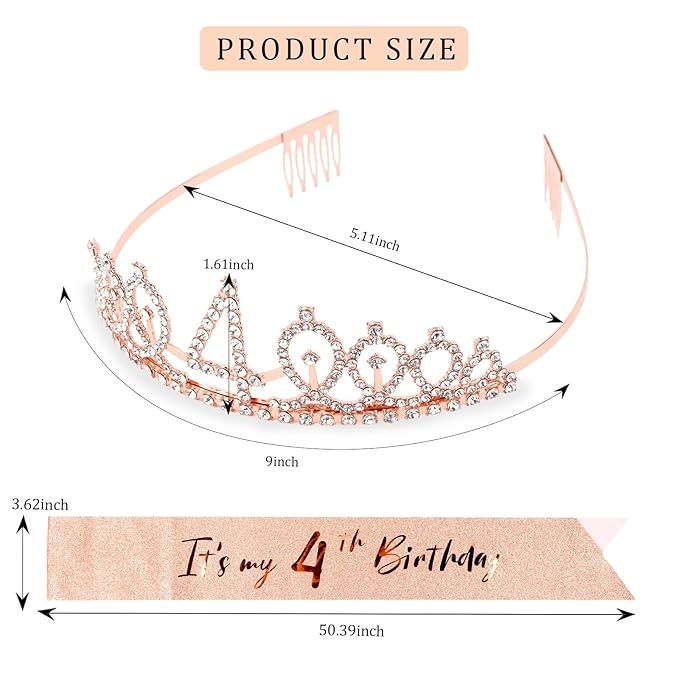 CIEHER 4th Birthday Crown + 4th Birthday Sash + Pearl Pin Set, It's My 4th Birthday Sash, 4 Birthday Tiara, 4th Birthday Decorations for Girls, 4th Birthday Gifts