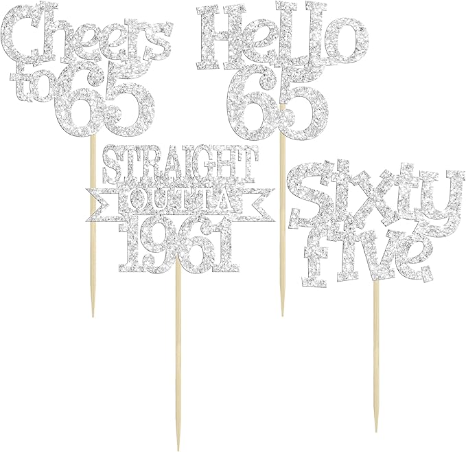 Ephlyn 24Pcs 65th Birthday Cupcake Toppers Glitter Straight Outta 1961 Cupcake Picks Hello 65 Cheers to 65 Years Cake Decorations for 65th Birthday Anniversary Party Decorations Supplies Silver