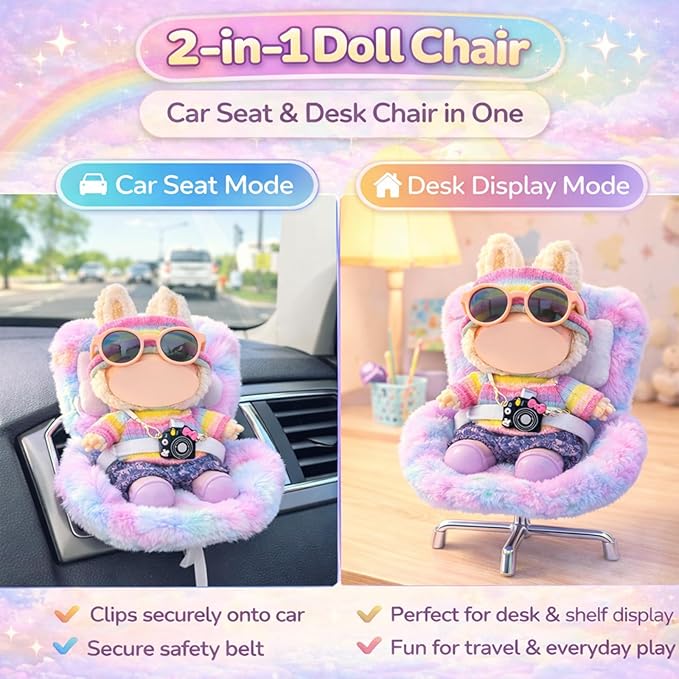 17cm Doll Car Seat and Clothes Set (No Dolls), Includes Doll Seat and 2-Pack Doll Clothes, Perfect for Play and Display, Doll Outfit Accessories for Collectors