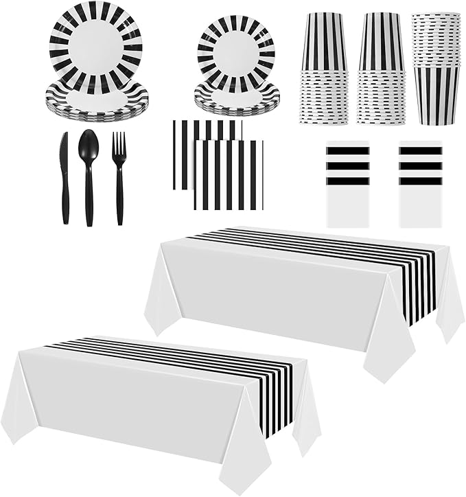 154 Pcs Black & White Party Supplies Disposable Dinnerware Set - Striped Tablecloth, Plates, Cups, Napkins, Cutlery for Wedding Birthday Party Supplies