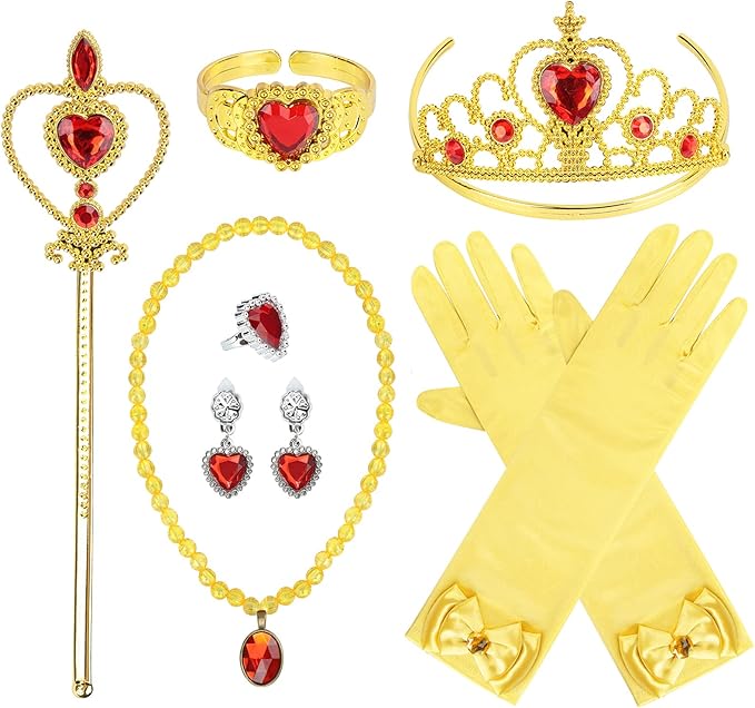 Princess Dress Up Party Accessories for Princess Costume Gloves Tiara Wand Necklace Earrings Bracelet and Ring Gift Set 9pcs (Yellow, Set of 7, 9pcs)