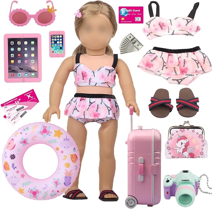 18 inch Girl Doll Accessories-Travel Luggage Play Set for 18 Inch Girl Dolls Include Case,Doll Swimming Suit,Ring,Sunglasses,Camera,etc.