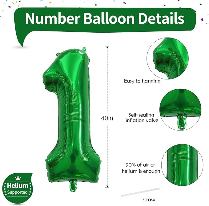 40 Inch Emerald Green 1 Balloon Number, 0-9 Set Large Number Foil Helium Balloons for Kids, Dark Green Balloons for Boys Girls 1st Birthday Party Baby Shower Anniversary Jungle Decoration Supplies