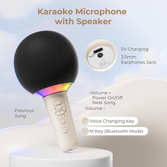 Wireless Bluetooth Karaoke Microphone for Kids, Portable Handheld Karaoke Mic Speaker Toys with LED Light, Best Christmas Birthday Festival Party Gift for 3 4 5 6 7 8 9+ Year Old Girls Boys (Beige)