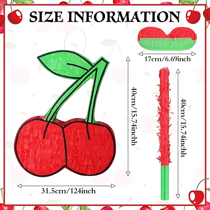 Set of 3 Cherry Piñata Party Decorations She's Ready to Pop Baby Shower Game Supplies Red Piñata Coquette Party Game Set with Stick Eye Mask