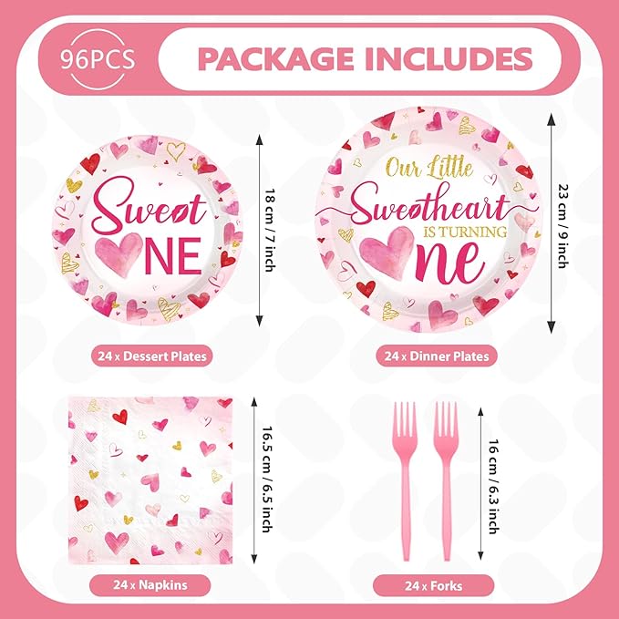 96Pcs Valentines 1st Birthday Party Decorations Valentine Sweet One Plates and Napkins Our Little Sweetheart is Turning One Party Decoration for Valentine's First Year Old Birthday Supplies Serves 24