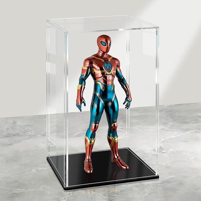 LANSCOERY Acrylic Display Case, Assemble Small Showcase Display Box for Collectibles, with Dustproof & Seamless Display Design 4.7x4.7x7inch Black Base