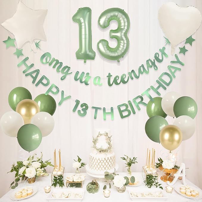 Sage Green Omg Ur A Teenager Happy 13th Birthday Banner Garland Foil Balloon 13 for 13 Birthday Decorations Official Teenager 13th Birthday Decor for Teen Girls 13 Years Old Birthday Party Supplies