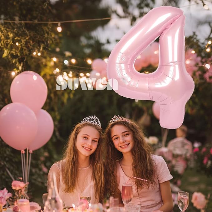 SUWEN 40 Inch Pink Large 4 Number Balloons Big Foil Helium Number Balloons 0-9 Jumbo Happy 4th Mylar Birthday Party Decorations for Girl Anniversary Party Supplies