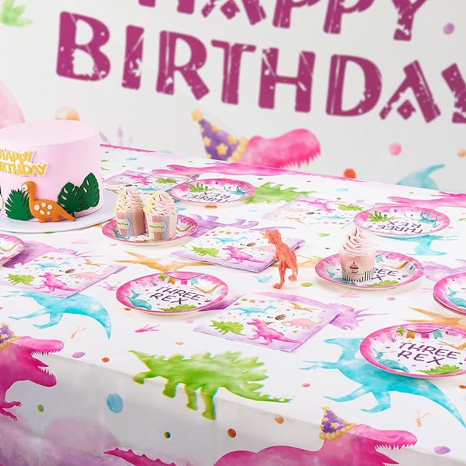 WERNNSAI Dinosaur 3rd Birthday Decorations - 33PCS Three Rex Plates Napkins Tablecloth Girl Dinosaur Party Decorations Three Rex Table Supplies for Kids Girls 3rd Birthday Party Serves 16 Guests