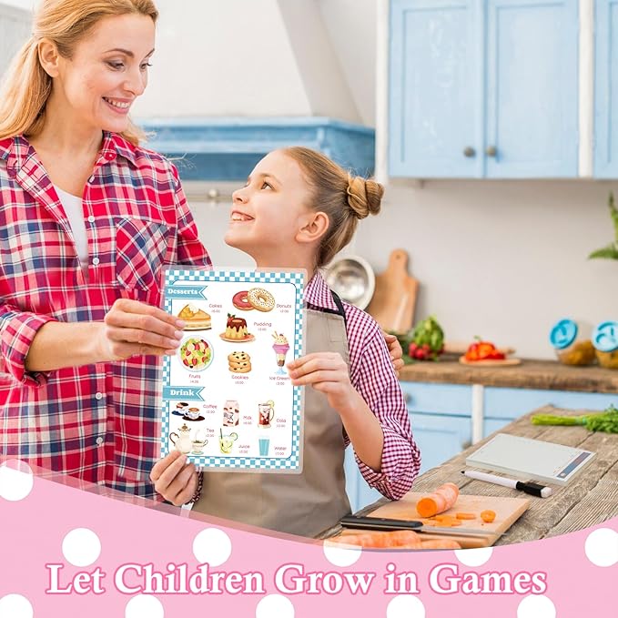 Diner Restaurant Play Set Food Play Kitchen Accessories Restaurant Toy Set 2 Double Sided Restaurant Menu Pen Waiters Order 60Page Receipt Book Pretend Play Set Role Play Accessories Total of 4