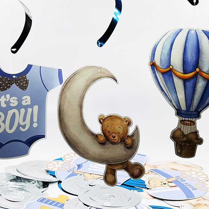 Baby Shower Bear Ceiling Swirls(30Pcs Fully-Assembled), It's A Boy Baby Shower Party Supplies Double Side Cute Swirls Birthday Party Decorations, Baby Shower Favor Supplies Decor Gender Reveal Prop