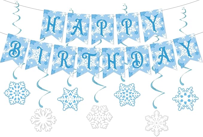 Zwiebeco Blue White Snowflakes Happy Birthday Party Decoration Sign Banner Hanging Paper Swirls for Kids Girls Womens Adults Winter Wonderland Themed Accessories Supplies