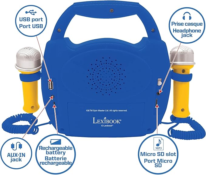LEXiBOOK – Paw Patrol - Portable Karaoke Digital Player for Kids – Microphones, Light Effects, Bluetooth, Record and Voice Changer Functions, Rechargeable Battery, Blue/red, MP320PAZ