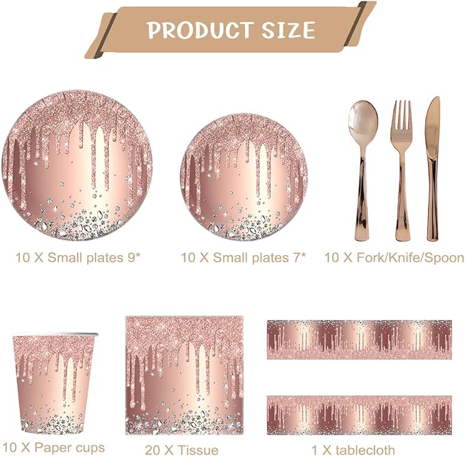 81Pcs Rose Gold Diamond Party Tableware Set Sparkling Diamonds Party Decoration for Girls and Women Birthday Party Supplies (Gold)