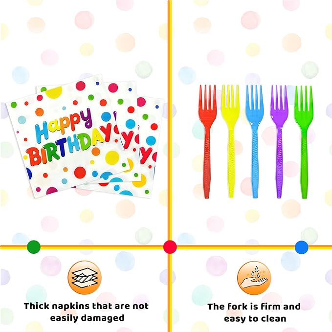 100 Pcs Birthday Colorful Dots Plates Napkins Forks, Disposable Happy Birthday Dots Tableware Set Party Supplies