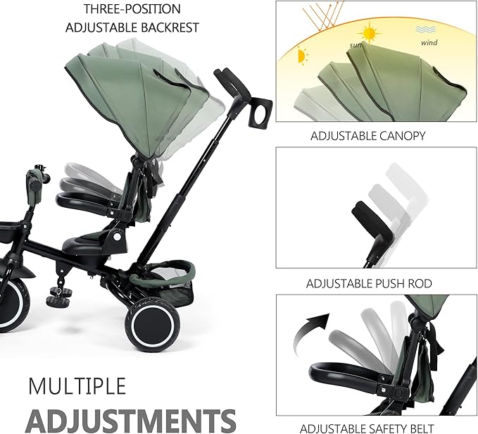Kinder King Kids Tricycle, 8 in 1 Folding Toddler Trike w/Adjustable Push Handle, Rotatable Seat, Adjustable Canopy, Bell, Five-Point Harness, Storage, Bike Tricycle for Toddlers 1-3, Forest