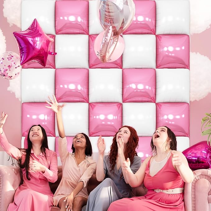 Pink White Square Foil Balloon Wall,25Pcs Double Sided Foil Balloons Backdrop Helium Polyester Tunnel Arch Garland Kit for Birthday Bridal Anniversary Baby Shower Party Decorations