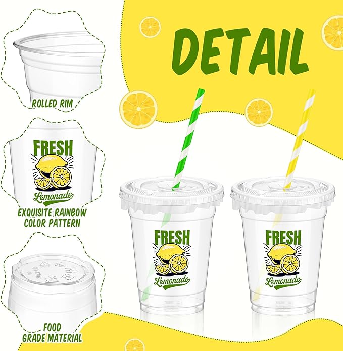 Domensi 50 Sets Lemon Disposable Plastic Cups 12 oz Lemonade Thick Clear Cups with Lids Straws Decoration for Iced Lemonade Juice Water Summer Party Favors Gift