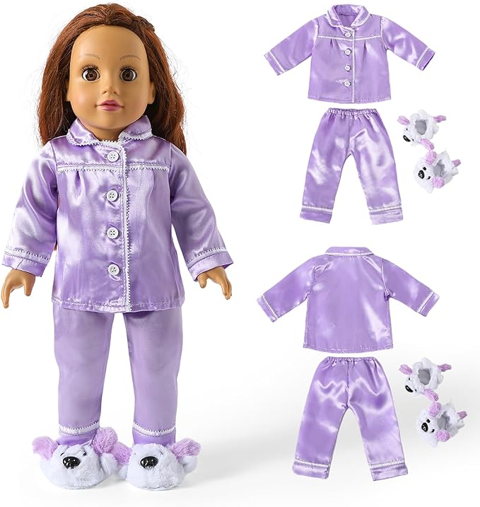 American 18-Inch Doll-Clothes and Accessories Set, 3 PCS Sleepwear for 18 Inch Girl Dolls, Includes 18” Lavender Pajamas and Slippers