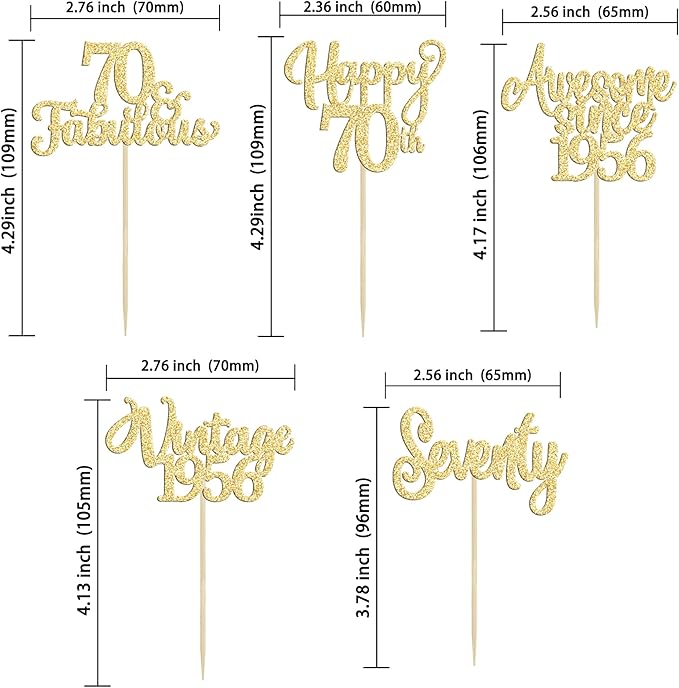 30Pcs Vintage 1955 Cupcake Toppers Glitter Seventy Happy 70th Birthday 70 Fabulous Cupcake Picks Cheers to 70 Years for 70th Birthday Wedding Anniversary Party Cake Decorations Supplies Gold