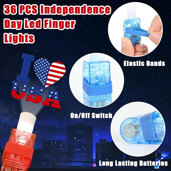 36 PCS 4th of July Party Favors Patriotic Red White Blue LED Light Up Finger Lights, Glow in the Dark Patriotic Party Bulk for Christmas Goodie Treat Bags Stuffers Independence Day Birthday Supplies