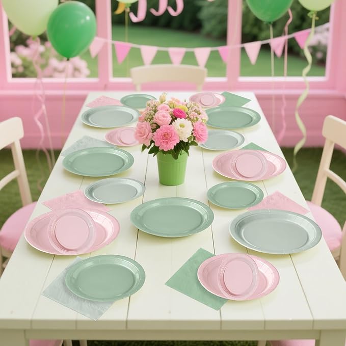 96Pcs Pink and Sage Green Birthday Party Decorations Pink Sage Green Dessert Plates and Napkins Sets Boho Bridal Shower Decorations for Girls Baby Shower Wedding Birthday Party Supplies Serves 24