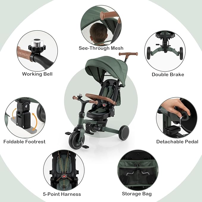 INFANS 9-in-1 Foldable Toddlers Tricycle, Converts Stroller to Balance Bike with Adjustable Push Handle, Canopy & Backrest, Pedal Conversion, Retractable Rear Wheels for 1-6 Years (Green)