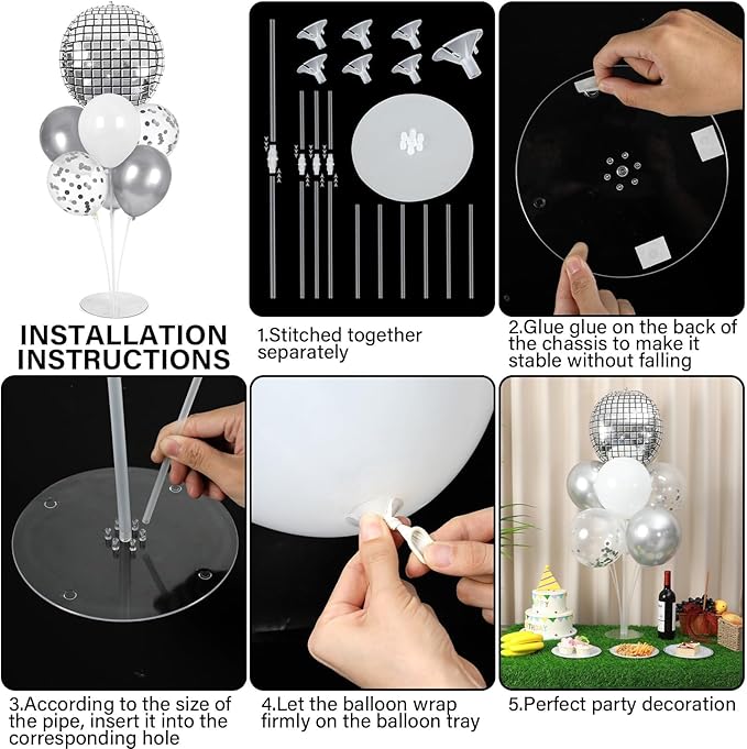 Disco Ball Party Balloons Stand Kit 2 Sets with 2 Silver 4D Discoball Foil Balloon Disco Ball Centerpiece for Tables 70s 80s 90s Dance Themed Birthday Decorations Silver White Party Supplies
