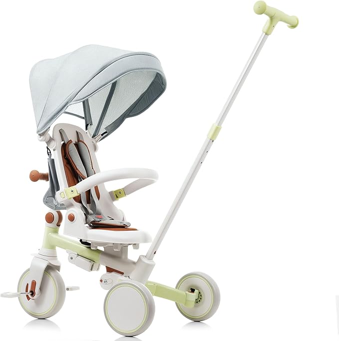 7-in-1 Baby Tricycle with Adjustable Parent Handle - Foldable Toddler Bike w/Removable Canopy & Guardrail, Aluminum Alloy Frame Stroller Bike for 1-6 Years Old (12-72 Months) (Green)
