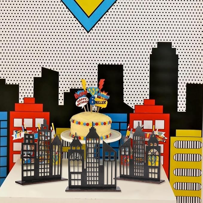 6 Pcs Super Hero Party Decorations, 2 Style Wooden Hero Theme Skyscrapers Table Decorations, City Skyline Buildings Centerpiece Sign Decor for Hero Theme Comic Birthday Party Supplies