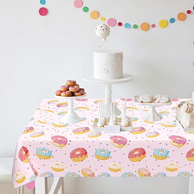 3 Pcs Donut Plastic Tablecloth, 51 x 86 Inch Donut Party Table Cover, Donut Party Decorations, Suitable for Donut Theme Birthday Party Supplies